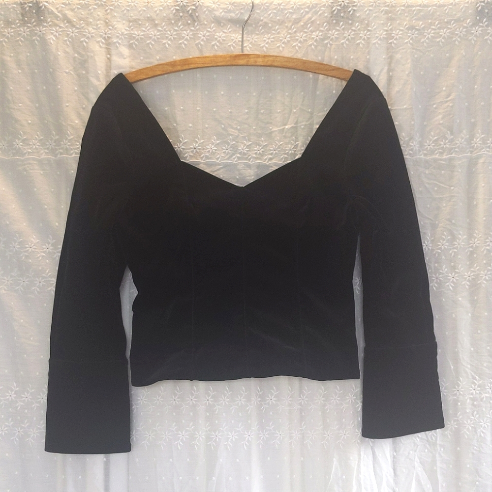 FRAME Black Velvet Sweetheart Neckline Long Sleeve Zip Up Back Top Size S/P